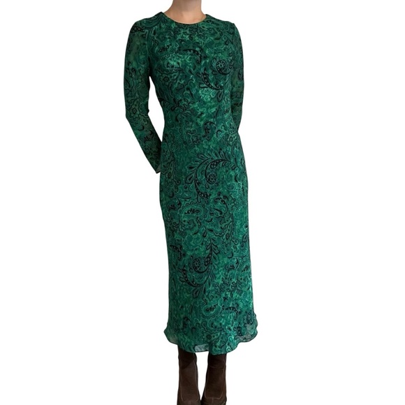 Zara Maxi Dress Long Sleeve Whimsigoth Green Black Jacquard Modest Size Small - Picture 1 of 8